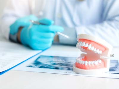 Dentist sitting at desk with model of dentures