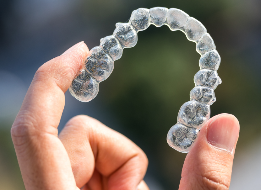 Close up of hand holding clear aligner